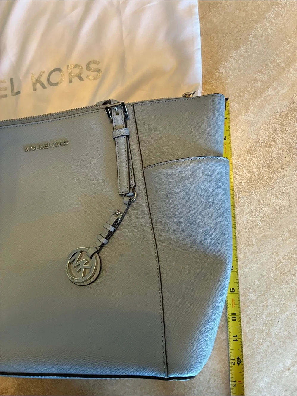 Michael Kors Powder Blue Saffiano Carry All Leather Tote, MK Charm, dust bag euc